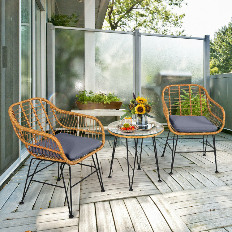 3 Pieces Rattan Furniture Set With Cushioned Chair Table - Outdoor Chilling