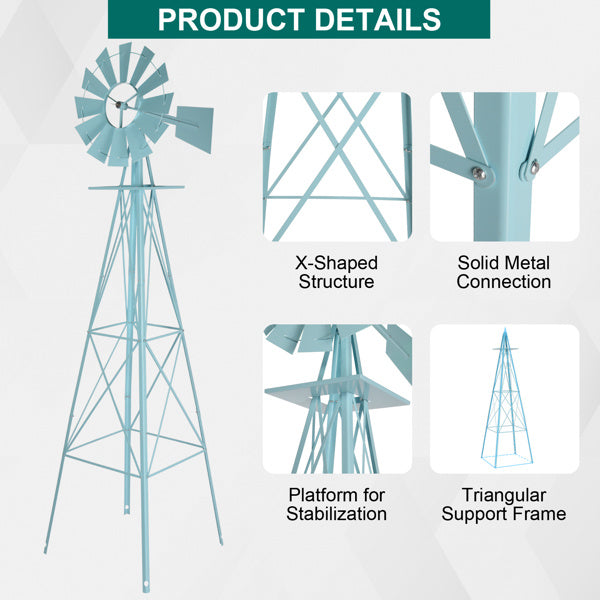 8ft Light Blue Ribbon Wind Vane, 4-pod Standing Iron Windmill - Outdoor Chilling