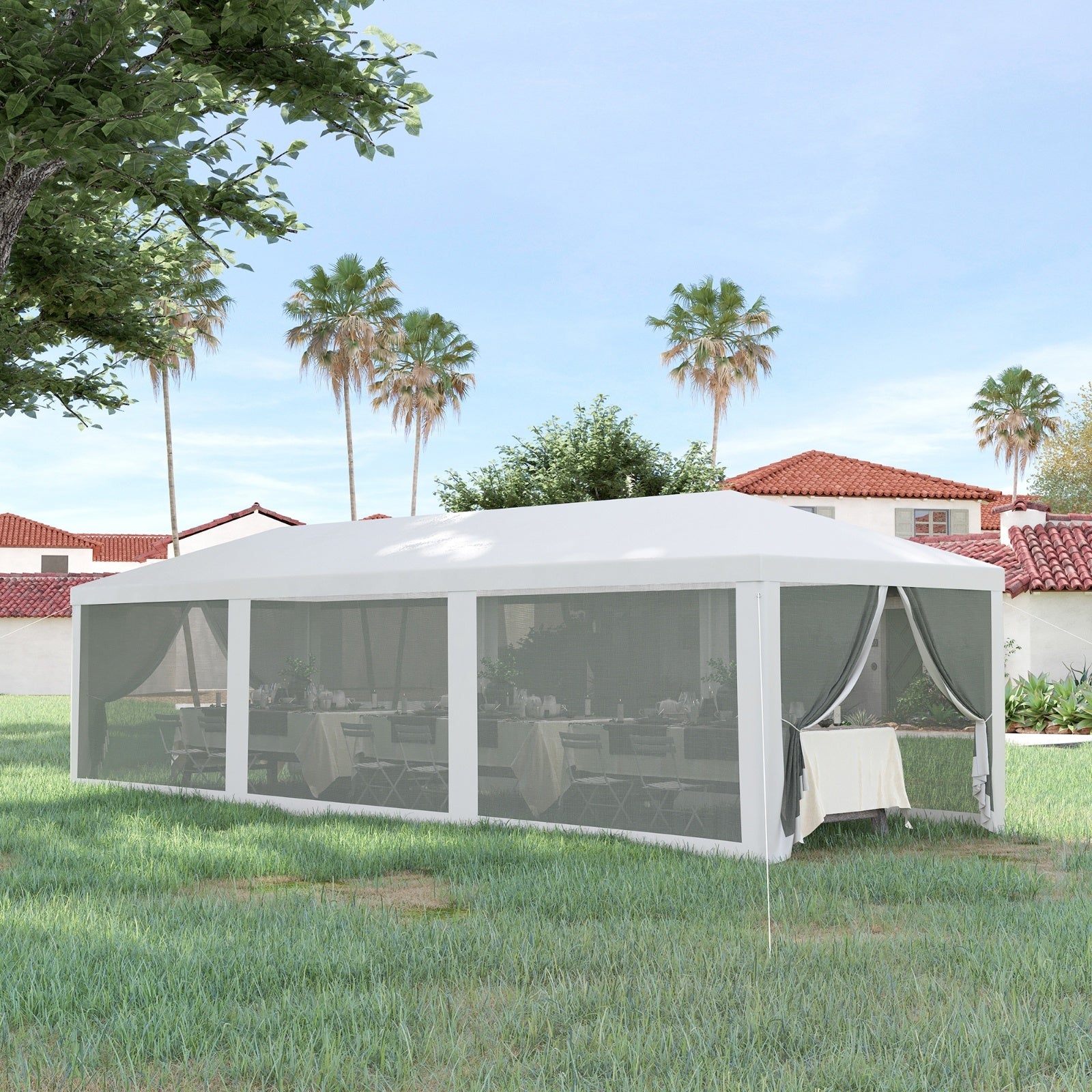 Outsunny 10' X 28' Party Tent Canopy, Outdoor Event Shelter Gazebo With 8 Removable Mesh Sidewalls, - Outdoor Chilling
