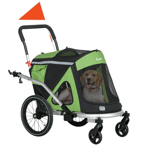 Aosom 2 In 1 Bike Trailer, Foldable Dog Bike Stroller With Aluminum Frame, Quick Release Wheels, Safety Leash, Anti-Slip Mat, Hitch Coupler, Reflectors, Flag For Medium Dogs, Green - Outdoor Chilling