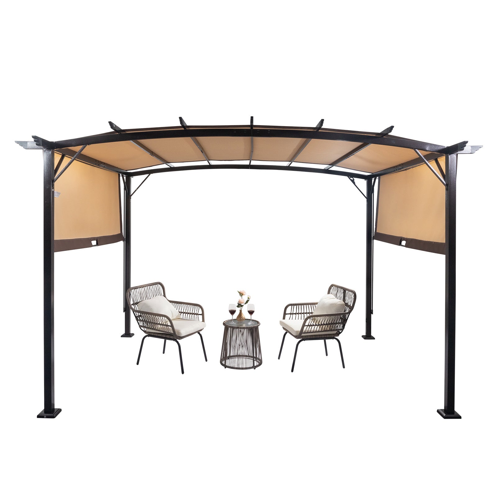 350x280x230.5cm Dark Brown Column, Brown Adjustable Shade Cloth, Curved Top, Folding Shed, Aluminum - Outdoor Chilling