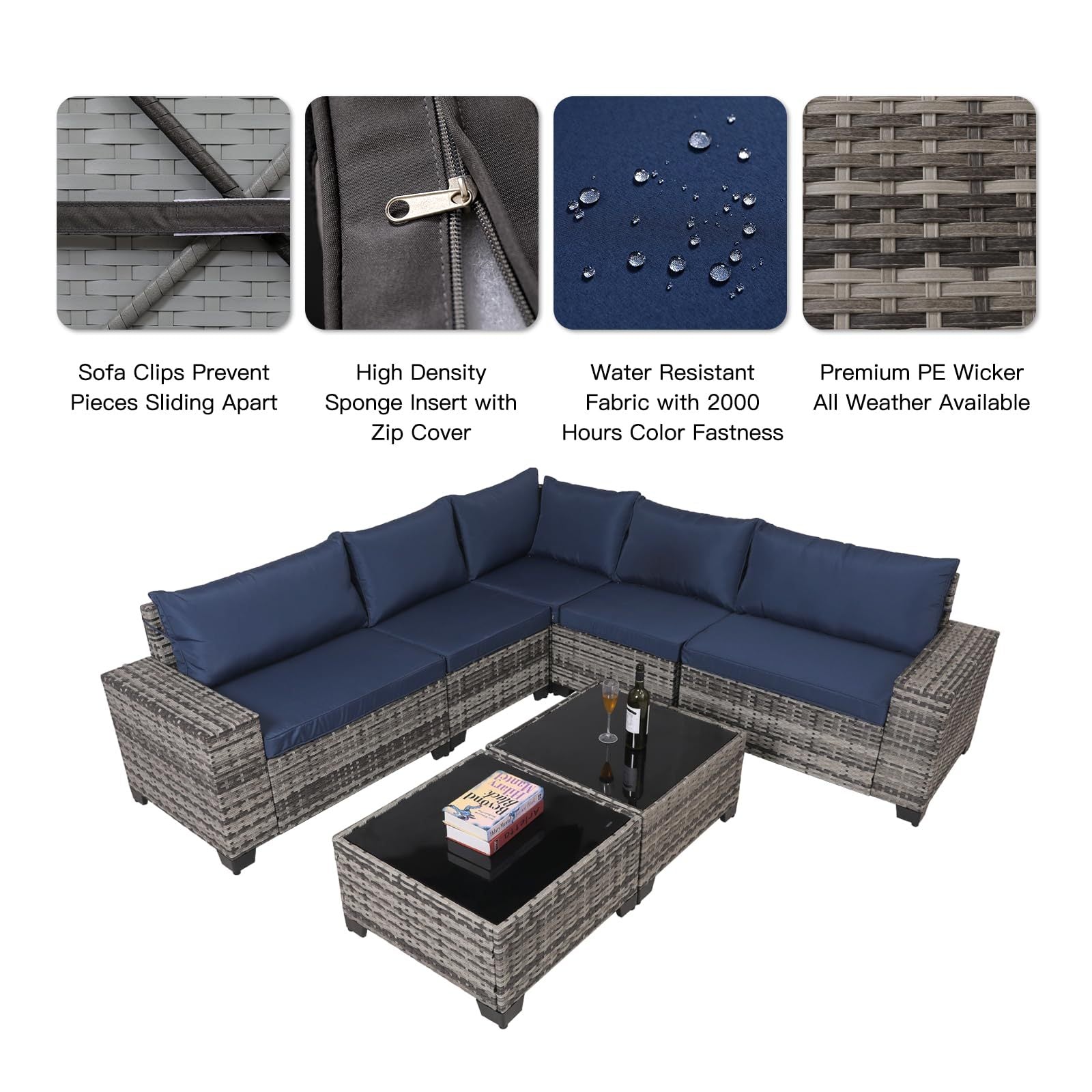 7-Piece Outdoor Patio Furniture Sets, All-Weather Wicker Rattan Sectional Sofa, Modern Two Glass Coffee Table And Washable Seat Cushion - Outdoor Chilling