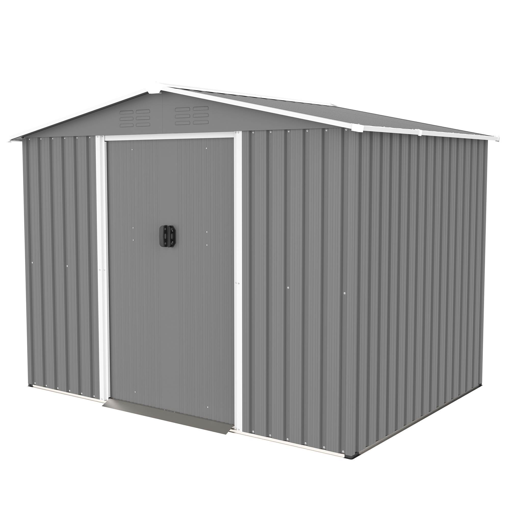 8x6 FT Outdoor Tool Storage Shed With Metal Foundation & Lockable Doors, All Weather Metal Sheds For Garden, Patio, Backyard, Lawn, Gray - Outdoor Chilling