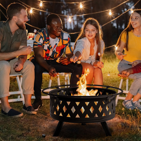 32in Round Shape With Lifting Ring, Mesh Lid, Diamond Holes, Wood-burning Brazier, Wrought Iron, Black - Outdoor Chilling