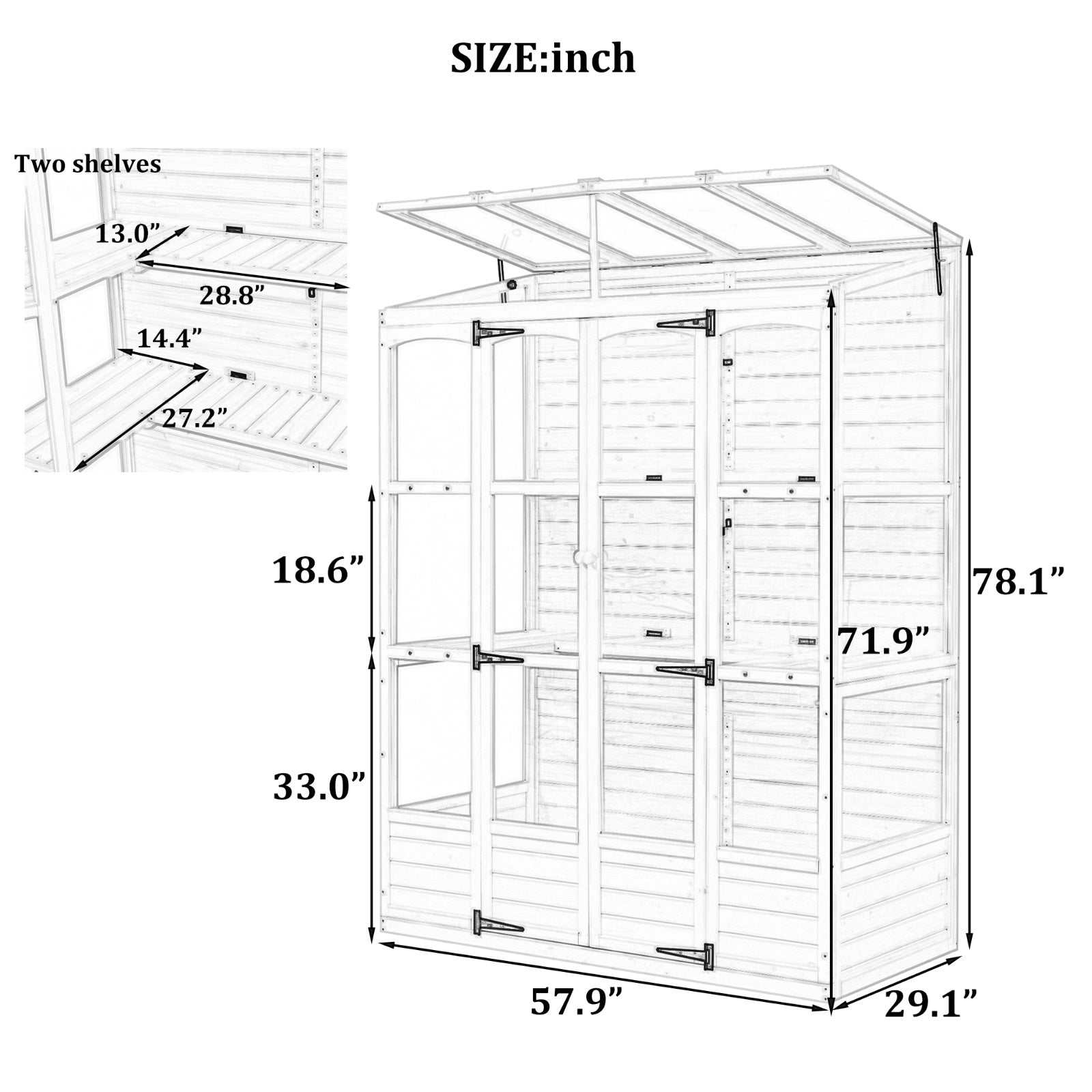 TOPMAX 78-inch Wooden Greenhouse Cold Frame With 4 Independent Skylights And 2 Folding Middle Shelve - Outdoor Chilling