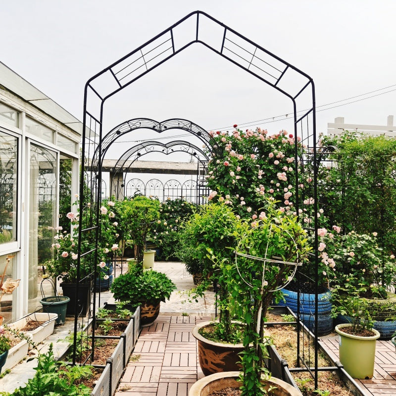 Metal Garden Arch, 56.3 Inches Long X 16.93 Inches Wide X 94.5 Inches High, Climbing Plant Support, Rose Arch, Outdoor Black, Fenced Platform.