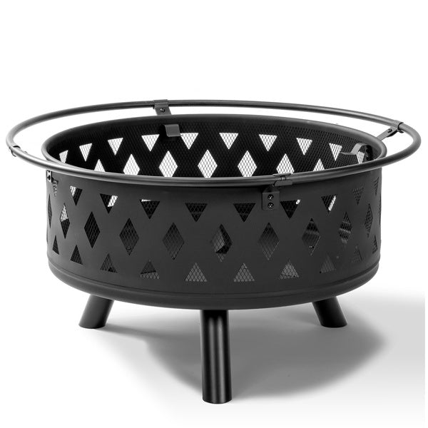 32in Round Shape With Lifting Ring, Mesh Lid, Diamond Holes, Wood-burning Brazier, Wrought Iron, Black - Outdoor Chilling
