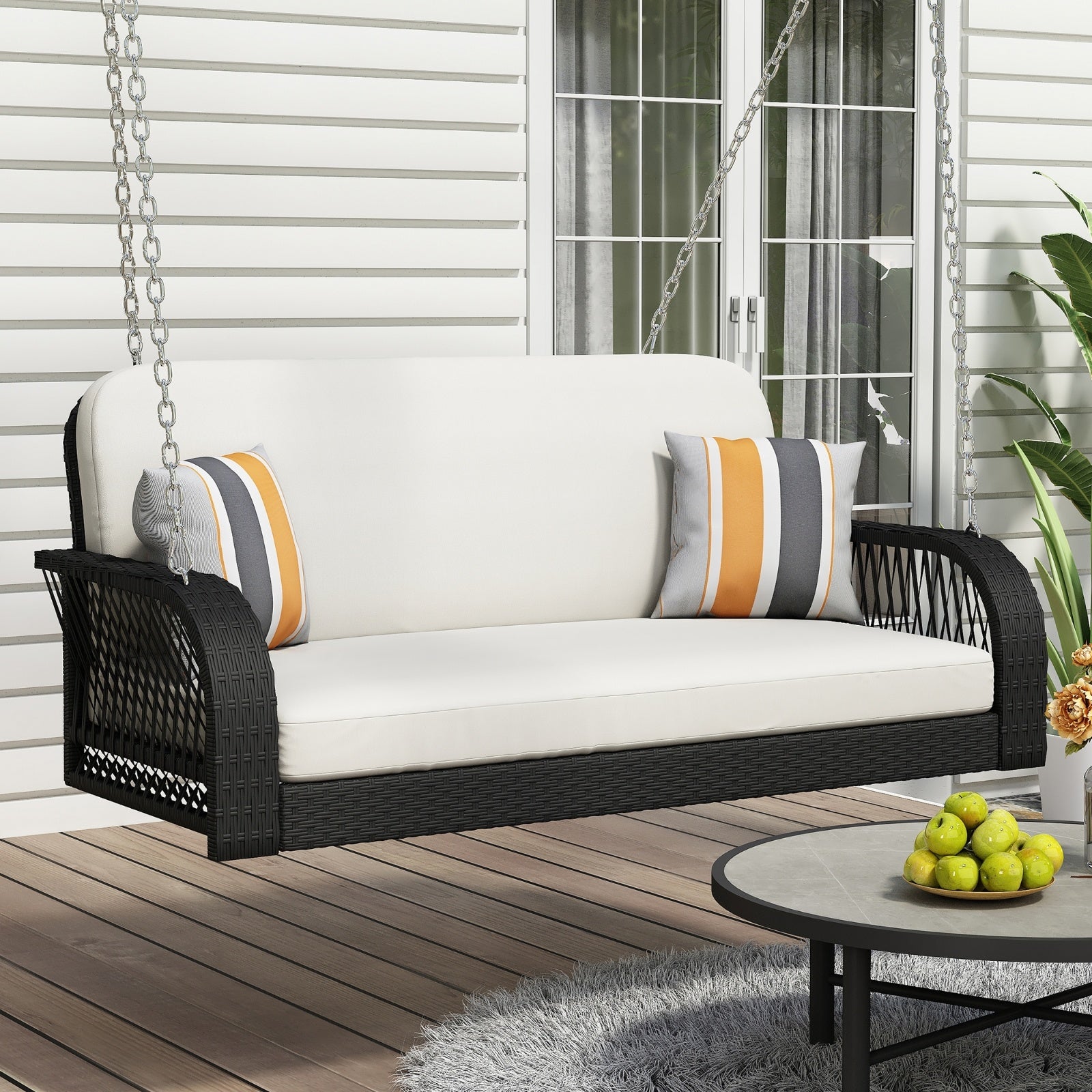 GO PE Wicker Porch Swing, 2-Seater Hanging Bench With Chains, Patio Furniture Swing For - Outdoor Chilling