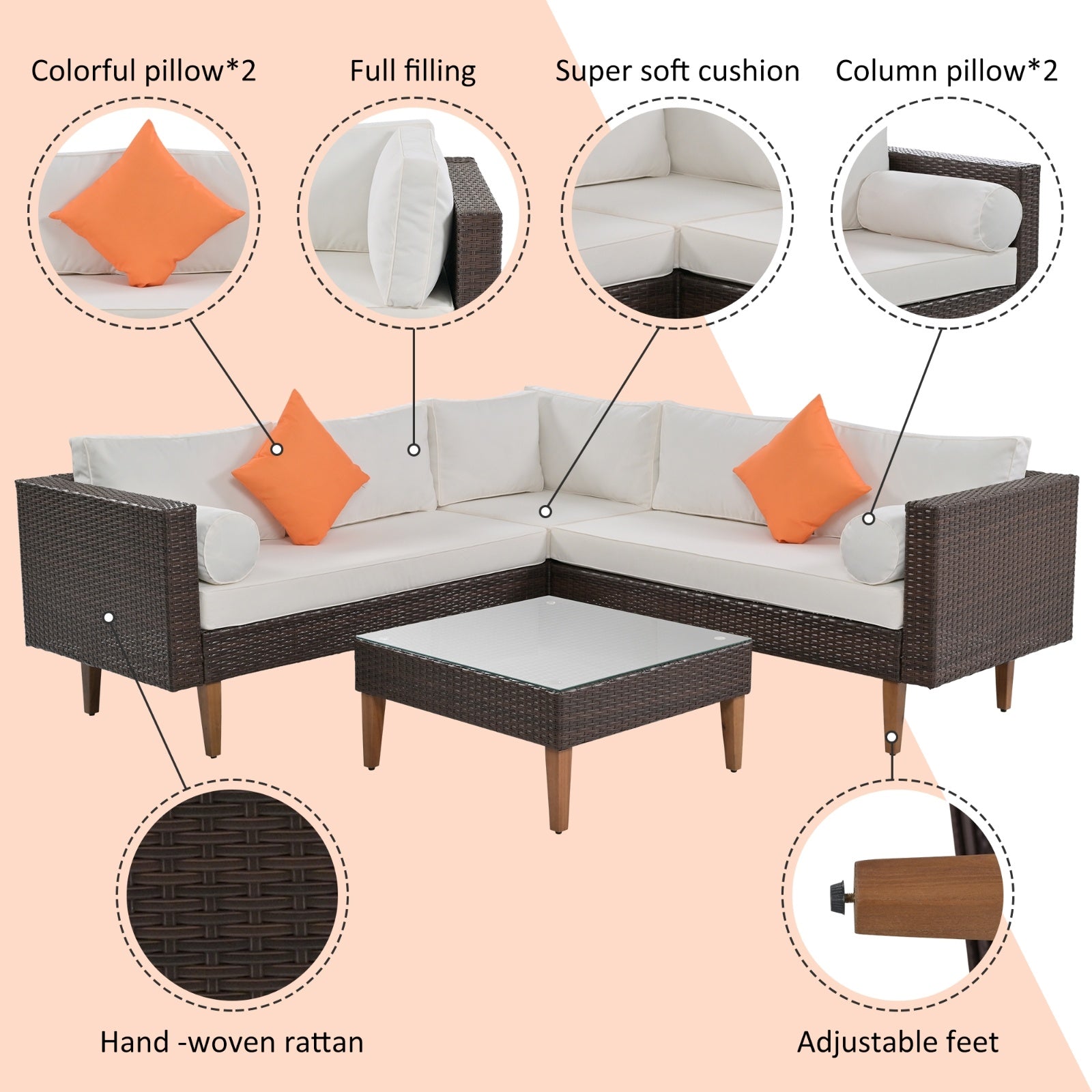 4-Piece Outdoor Wicker Sofa Set, L-Shape Patio Furniture With Colorful Pillows - Outdoor Chilling