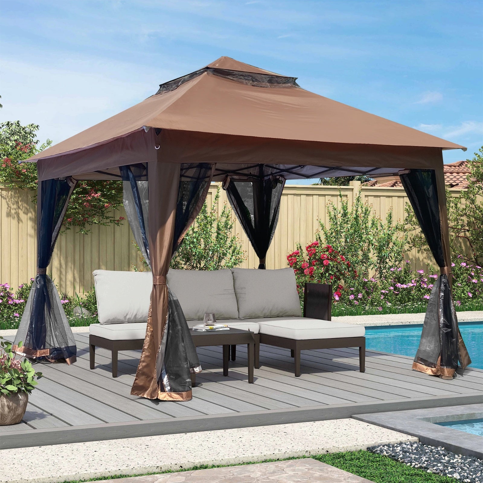 Outdoor 11x11 Ft Up Gazebo Canopy With Zipper Netting, 2-Tier Soft Top Tent - Outdoor Chilling