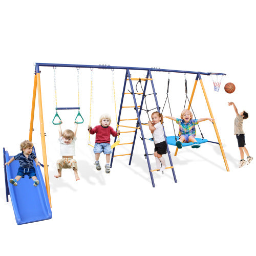 500 Lbs 7 In 1 Swing Set For Kids Outdoor A Frame Heavy Metal Swing Sets With Slide 2 Swing Seats 1 Climbing Net Ladder 1 Gym Ring 1 Basket - Outdoor Chilling