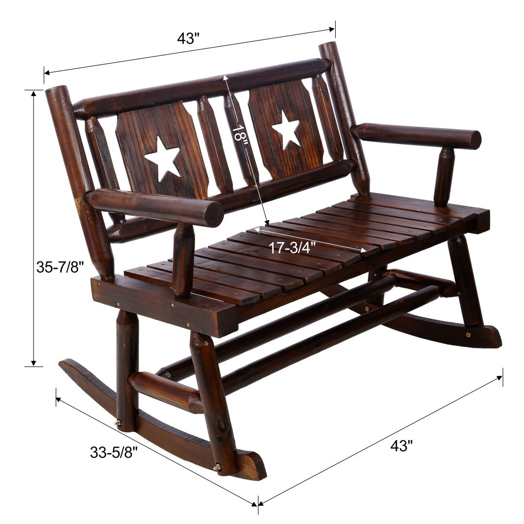Outdoor Solid Wood Rocking Chair Bench Carbonized Double Rocking Chair For 2 People With Wide Curved Seat For Porch, Garden, Backyard, Rustic Brown - Outdoor Chilling