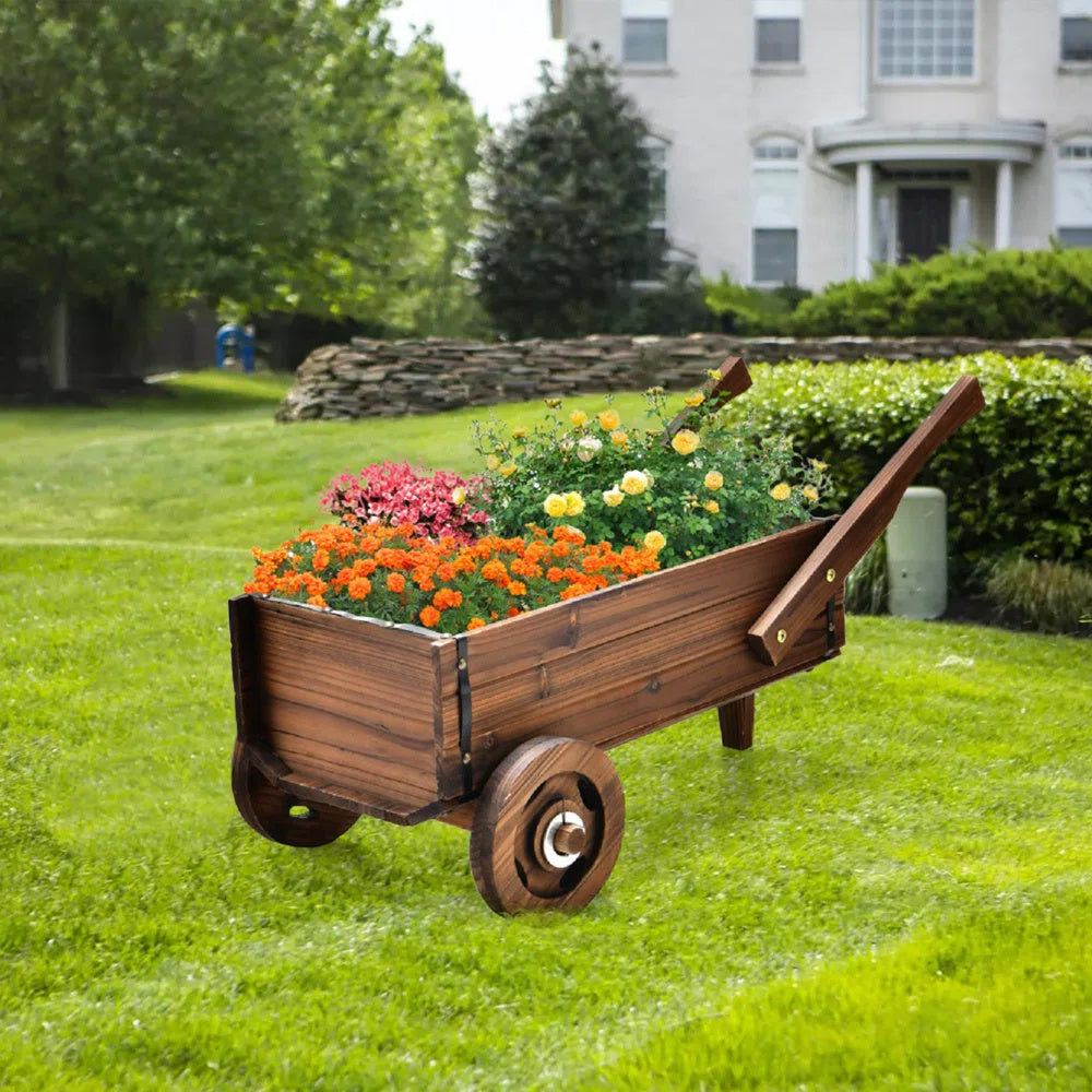 Wooden Wagon Planter Box With Wheels Handles And Drainage Hole - Outdoor Chilling