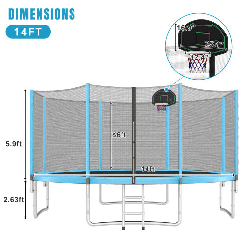 14FT Trampoline For Kids With Safety Enclosure Net, Basketball Hoop And Ladder, Easy Assembly Round Outdoor Recreational Trampoline - Outdoor Chilling