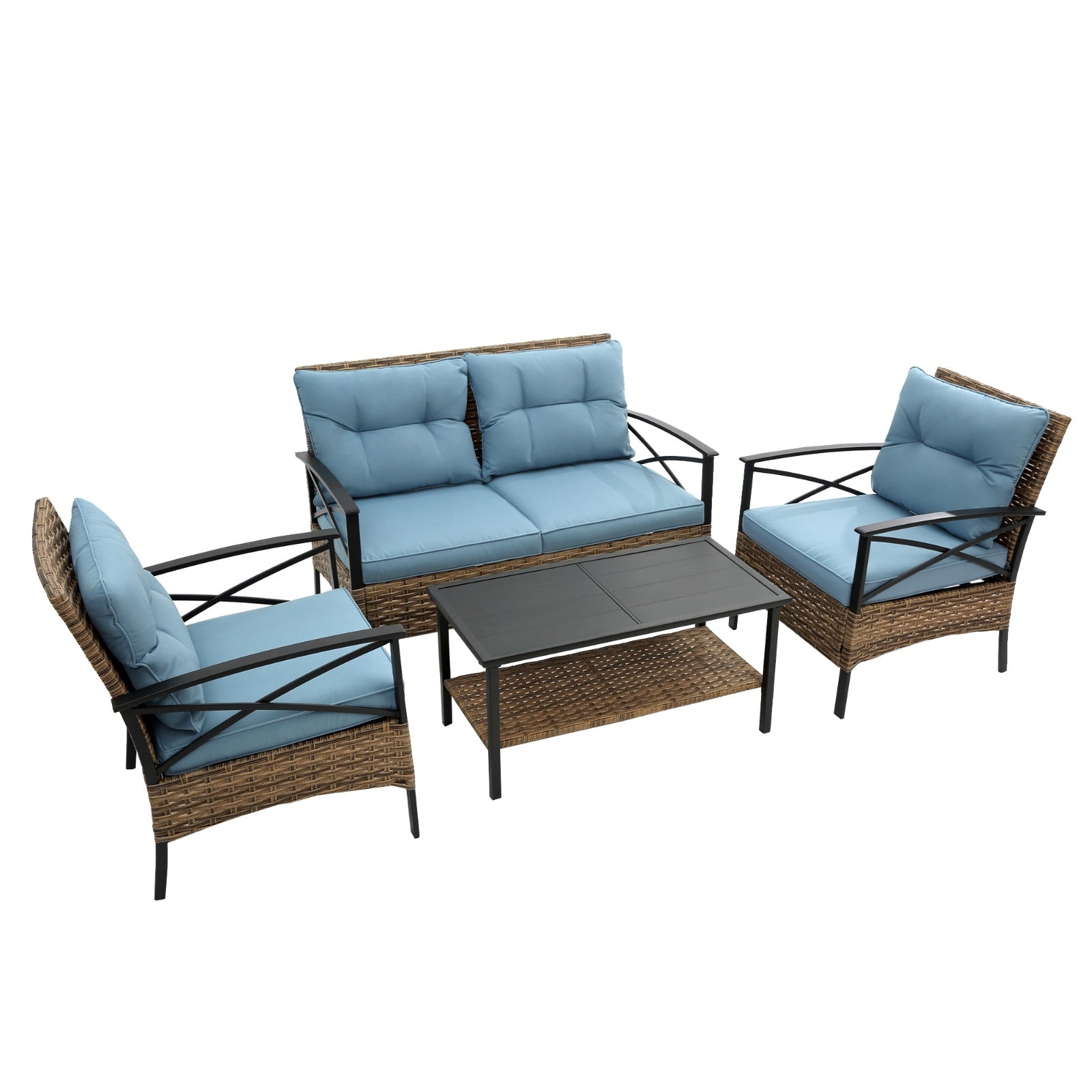 4-Piece Patio Sectional Low Dining Sofa Set - KD Rattan Wicker Outdoor Furniture - Outdoor Chilling