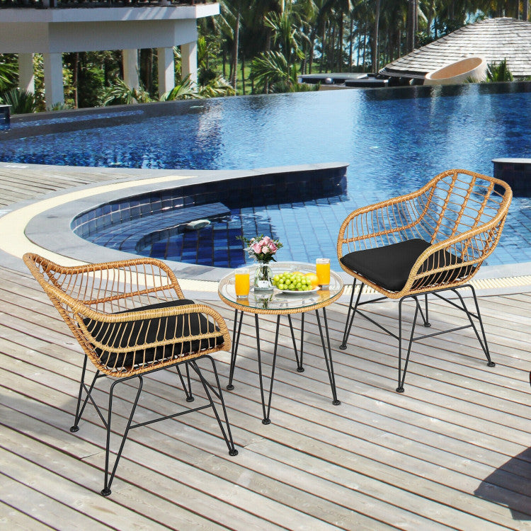3 Pieces Rattan Furniture Set With Cushioned Chair Table - Outdoor Chilling