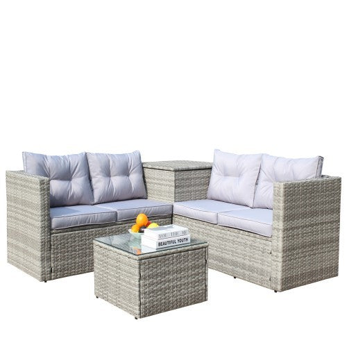 4 Piece Patio Sectional Wicker Rattan Outdoor Furniture Sofa Set With Storage Box Grey - Outdoor Chilling