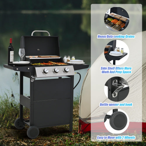 Propane Gas Grill 3 Burner Barbecue Grill, Stainless Steel 26,000 BTU Patio Garden Barbecue Grill With Two Shelves, Lid, Wheels And Bottle Opener - Outdoor Chilling