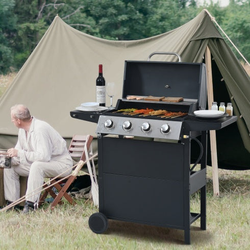Propane Gas Grill 4 Burner Barbecue Grill, Stainless Steel 34,000 BTU Patio Garden Barbecue Grill With Two Shelves, Lid, Wheels And Bottle Opener - Outdoor Chilling
