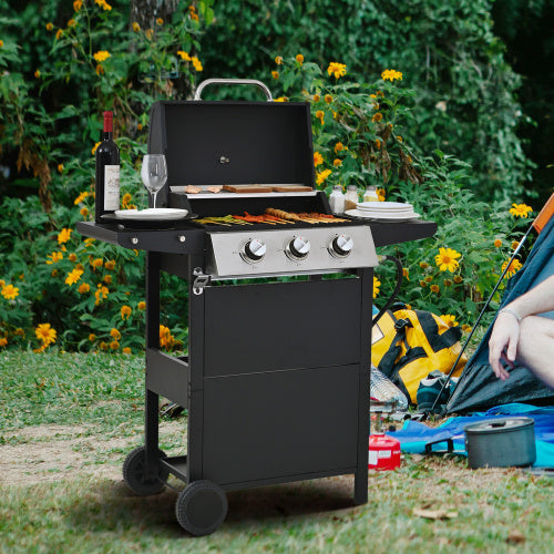 Propane Gas Grill 3 Burner Barbecue Grill, Stainless Steel 26,000 BTU Patio Garden Barbecue Grill With Two Shelves, Lid, Wheels And Bottle Opener - Outdoor Chilling