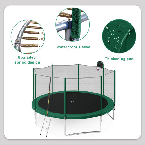 14FT Trampoline For Kids With Safety Enclosure Net, Basketball Hoop And Ladder, Easy Assembly Round Outdoor Recreational Trampoline - Outdoor Chilling
