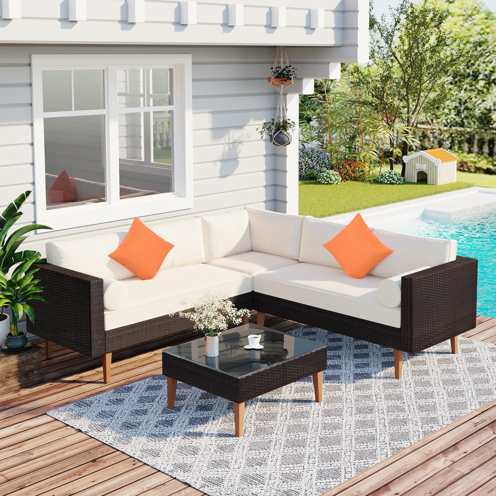 4-Piece Outdoor Wicker Sofa Set, L-Shape Patio Furniture With Colorful Pillows - Outdoor Chilling