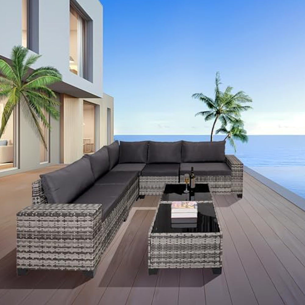 7-Piece Outdoor Patio Furniture Sets, All-Weather Wicker Rattan Sectional Sofa, Modern Two Glass Coffee Table And Washable Seat Cushion - Outdoor Chilling