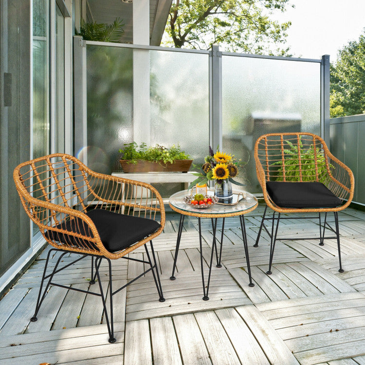 3 Pieces Rattan Furniture Set With Cushioned Chair Table - Outdoor Chilling
