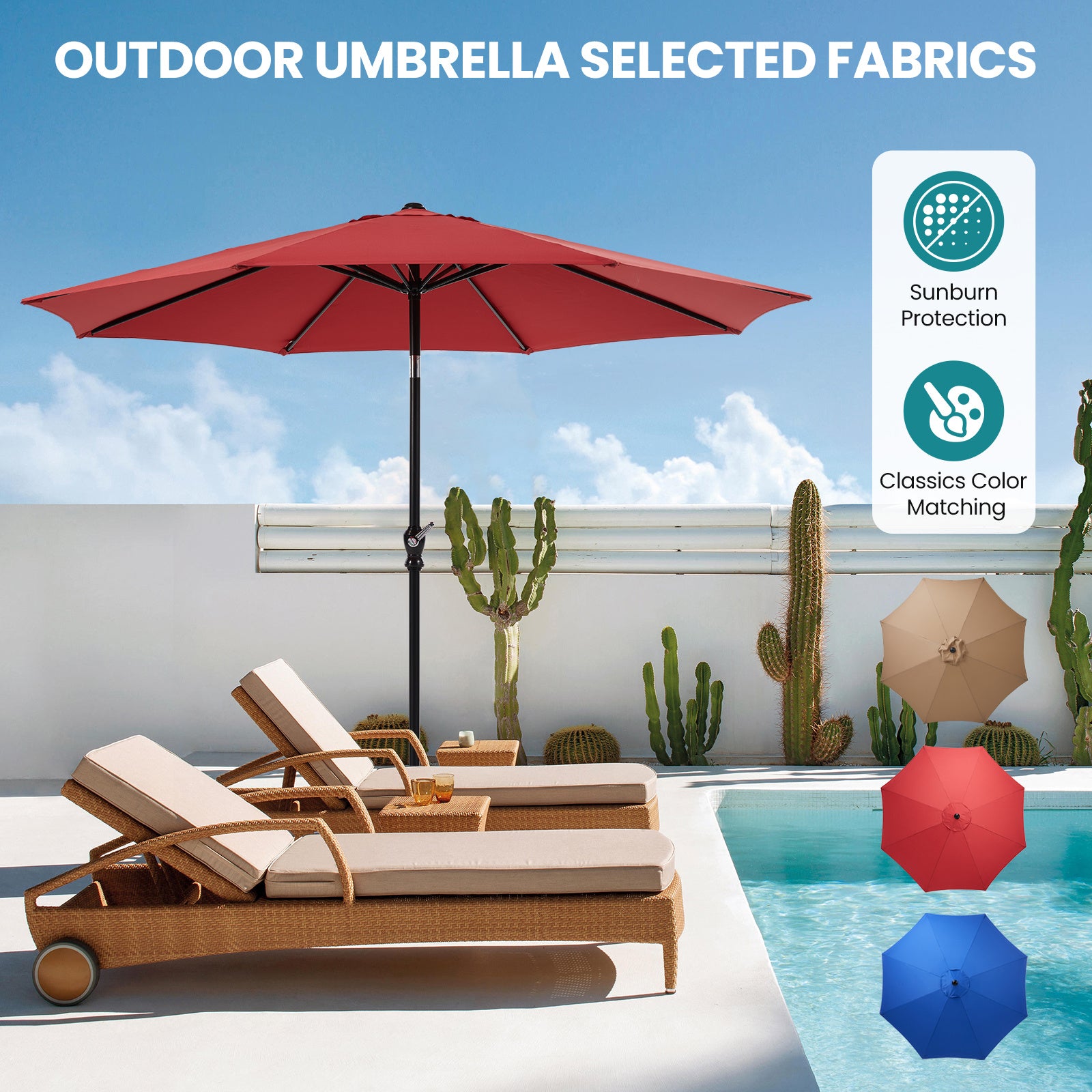 Outdoor Patio Umbrella With Push Button Tilt And Crank, Market Umbrella 8 Sturdy Ribs UV Protection Waterproof For Garden, Backyard, Red - Outdoor Chilling