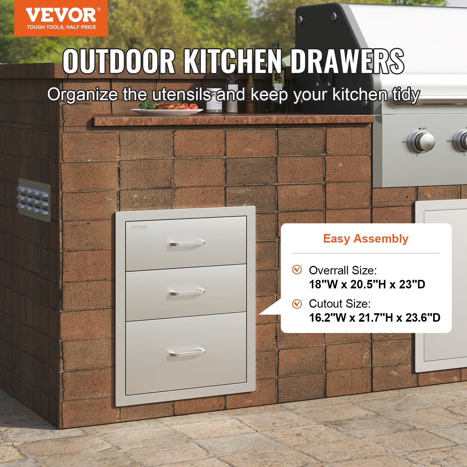 VEVOR 18x20.5 Inch Outdoor Kitchen Stainless Steel Triple Access BBQ Drawers With Chrome Handle, 18 X20.5 X 23 Inch - Outdoor Chilling