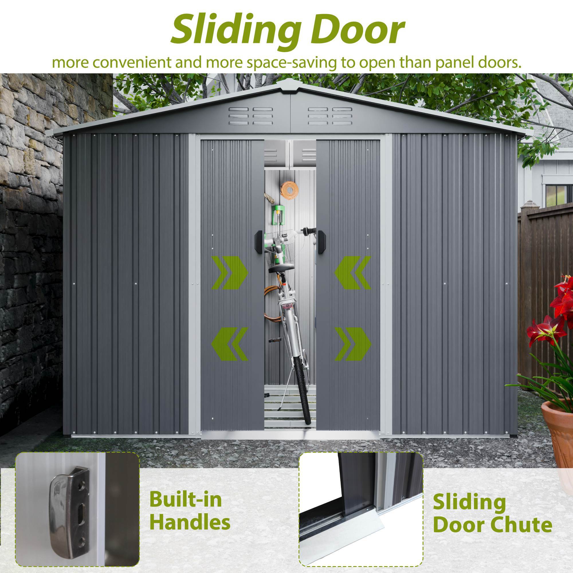 8x6 FT Outdoor Tool Storage Shed With Metal Foundation & Lockable Doors, All Weather Metal Sheds For Garden, Patio, Backyard, Lawn, Gray - Outdoor Chilling