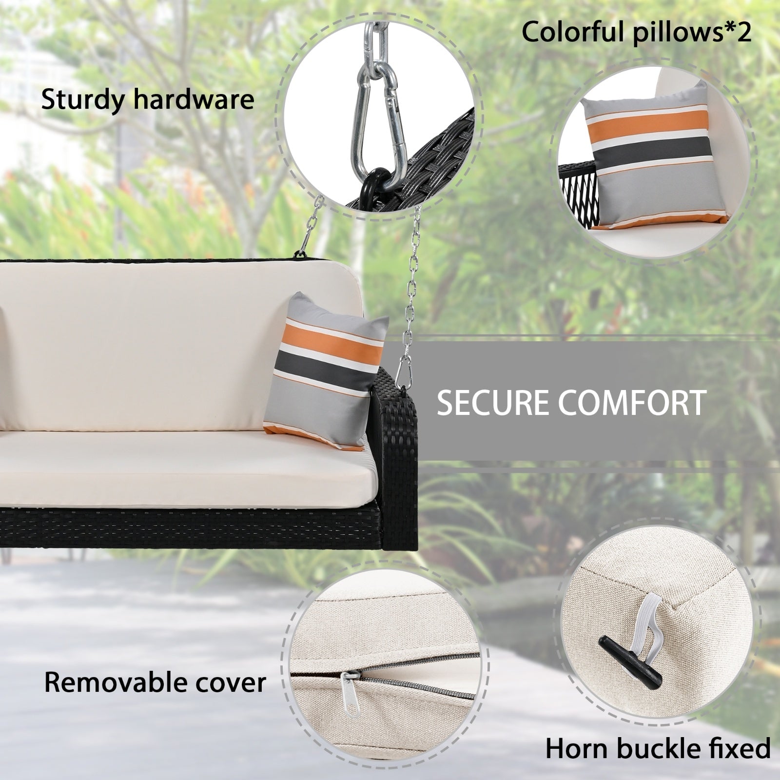 GO PE Wicker Porch Swing, 2-Seater Hanging Bench With Chains, Patio Furniture Swing For - Outdoor Chilling