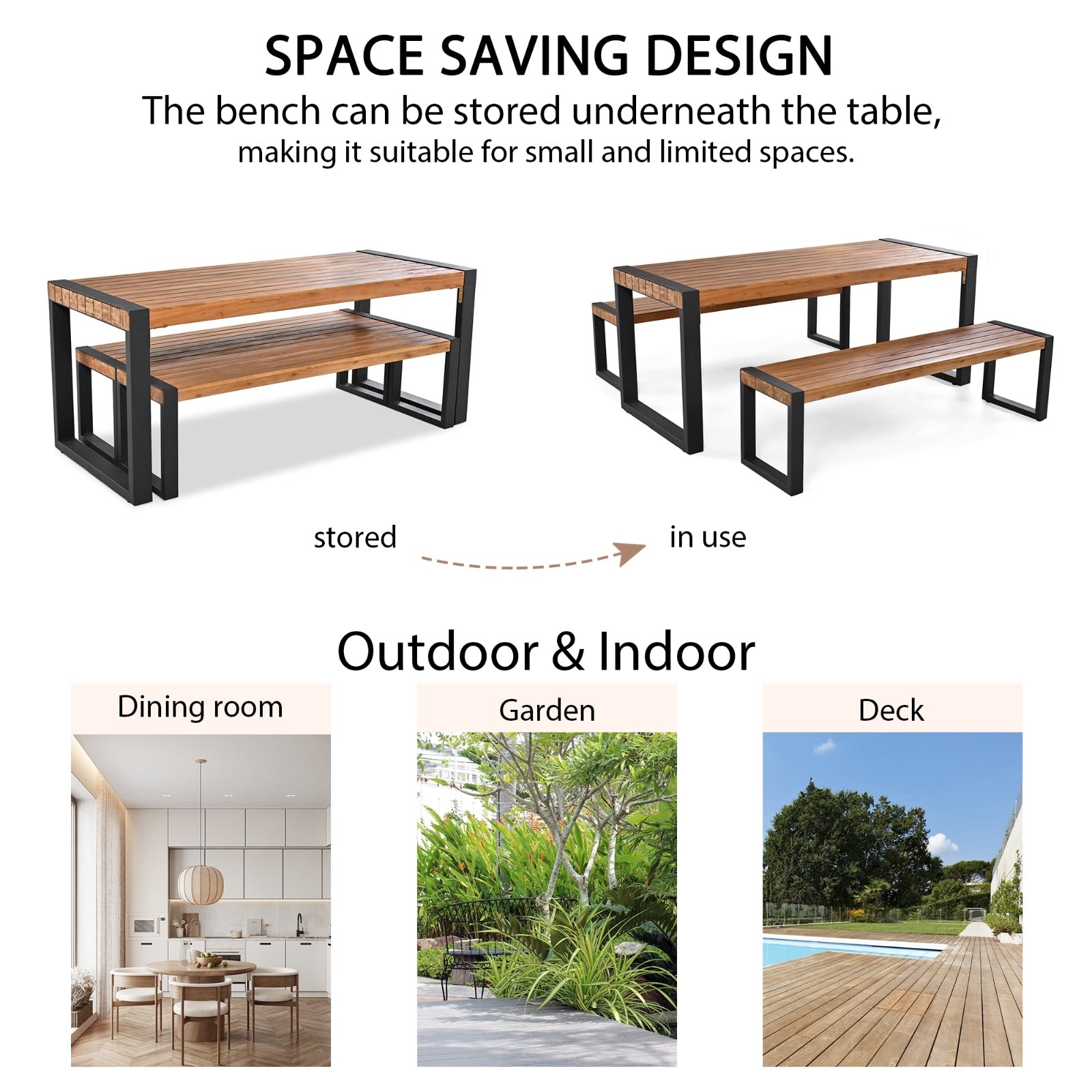 GO 3-pieces Outdoor Dining Table With 2 Benches, Patio Dining Set With Unique Top Texture, Acacia Wo - Outdoor Chilling