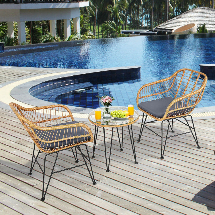 3 Pieces Rattan Furniture Set With Cushioned Chair Table - Outdoor Chilling