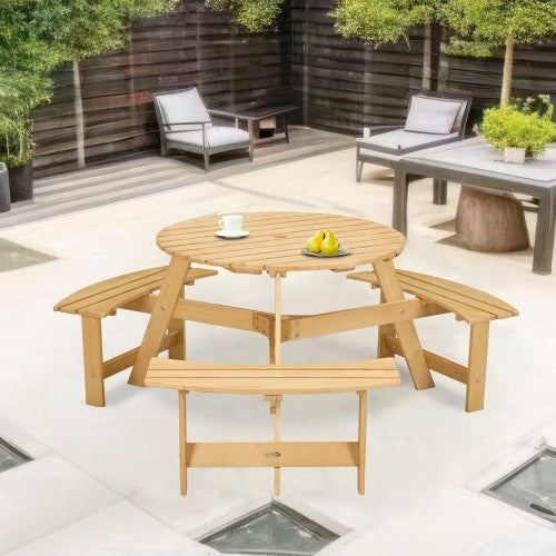 Outdoor 6 Person Picnic Table, 6 Person Round Picnic Table With 3 Built-in Benches, Umbrella Hole, Outside Table And Bench Set For Garden, Backyard, Porch, Patio