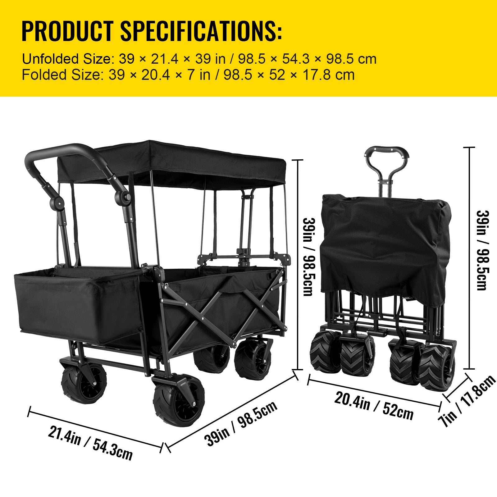 VEVOR Extra Large Collapsible Garden Cart With Removable Canopy, Folding Wagon Utility Carts With Wheels And Rear Storage, Wagon Cart For Garden, Camping, Grocery Cart, Shopping Cart, Black - Outdoor Chilling