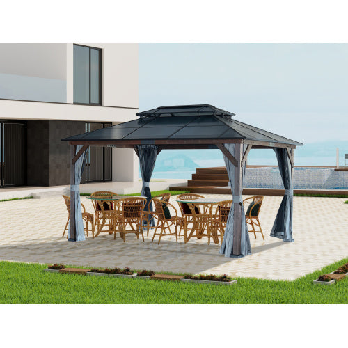 10' X 13' Hardtop Wood Gazebo For Patios, Outdoor Framed Gazebo With Polycarbonate Double Roof Canopy, Solid Wooden Framed Gazebo With Privacy Curtains And Mosquito Nettings For Garden, Backyard - Outdoor Chilling