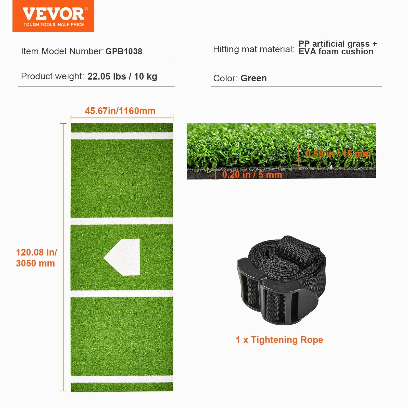 VEVOR Baseball Softball Hitting Batting Mat, Indoor Outdoor Softball Mat, Lined & Foam Backing Anti-Slip Anti-Fade Softball Training Aid, Portable Practice Mat With Tightening Rope, Green - Outdoor Chilling