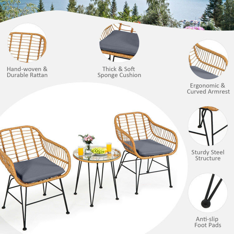 3 Pieces Rattan Furniture Set With Cushioned Chair Table - Outdoor Chilling
