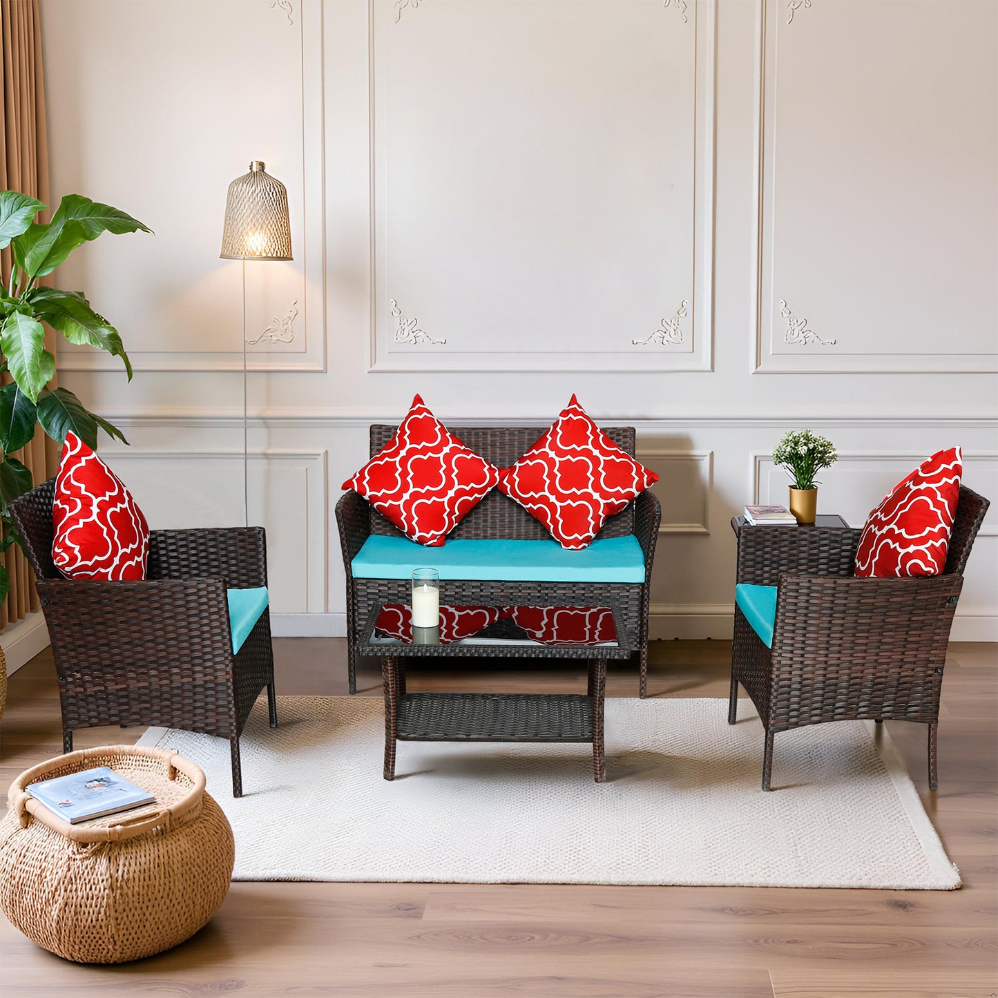 New Design High Quality Four-Piece Sofa Set Table With Sofa Chair PE Rattan Outdoor Furniture W3152P269438 Box 1 With Emerald Green Color Cushion
