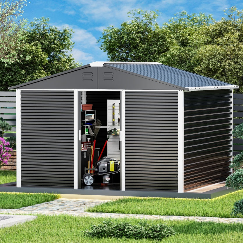 Large-sized Outdoor 10 Ft. W X 10 Ft. D Metal Shed With Sliding Door 60 Sq. Ft. For Garden Patio Lawn, Black - Outdoor Chilling