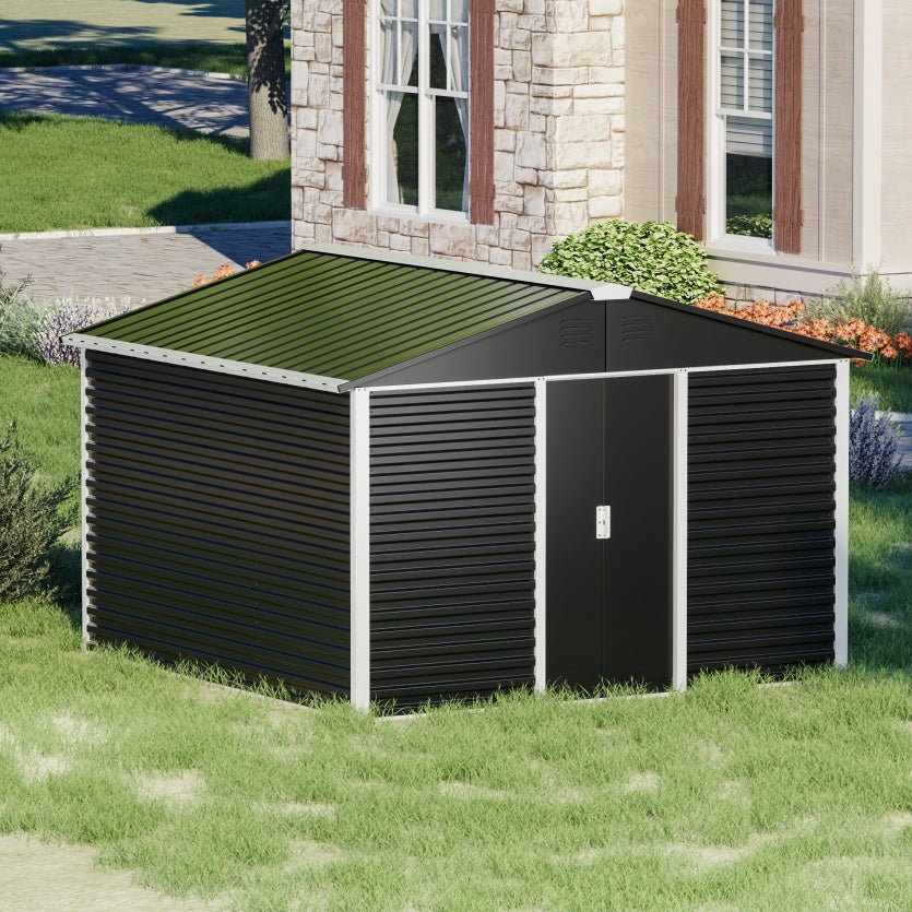 Large-sized Outdoor 10 Ft. W X 10 Ft. D Metal Shed With Sliding Door 60 Sq. Ft. For Garden Patio Lawn, Black - Outdoor Chilling