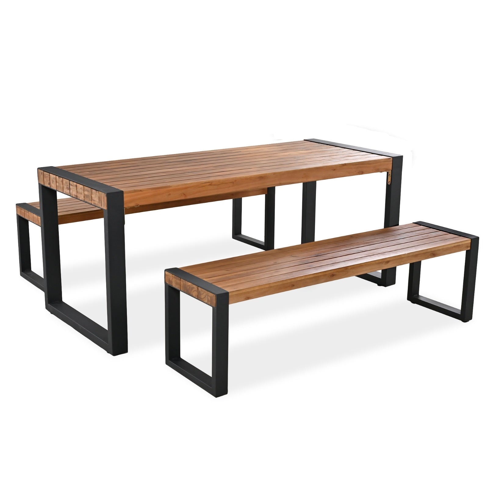 GO 3-pieces Outdoor Dining Table With 2 Benches, Patio Dining Set With Unique Top Texture, Acacia Wo - Outdoor Chilling