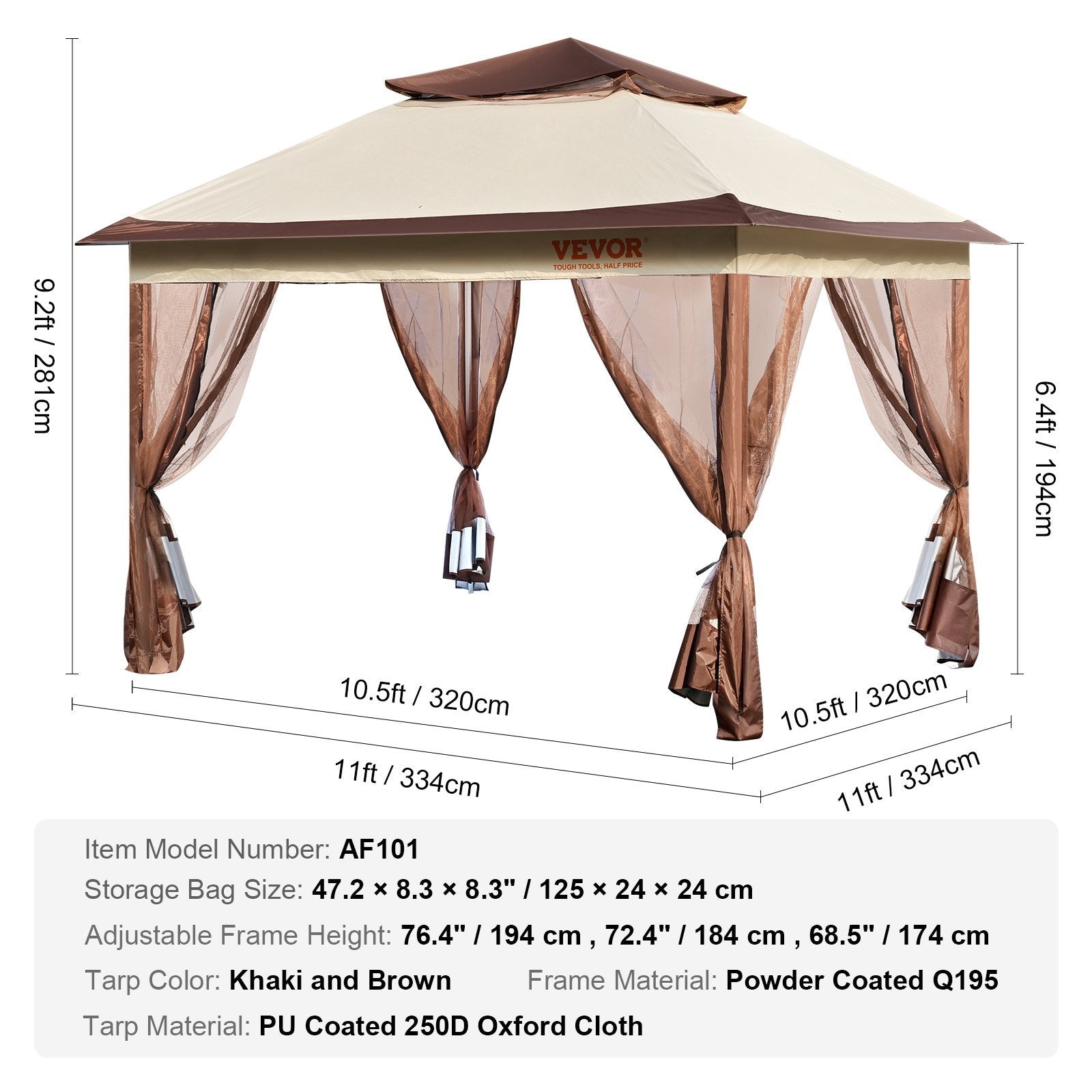 VEVOR Patio Gazebo, 11 X 11 FT Pop Up Gazebo For 8-10 Person, With Mosquito Netting, Metal Frame, And PU Coated 250D Oxford Cloth, Outdoor Canopy Shelter For Patio, Backyard, Lawn, Garden, Deck - Outdoor Chilling