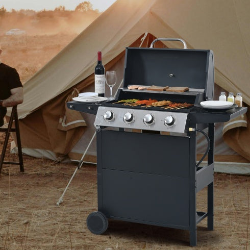 Propane Gas Grill 4 Burner Barbecue Grill, Stainless Steel 34,000 BTU Patio Garden Barbecue Grill With Two Shelves, Lid, Wheels And Bottle Opener - Outdoor Chilling