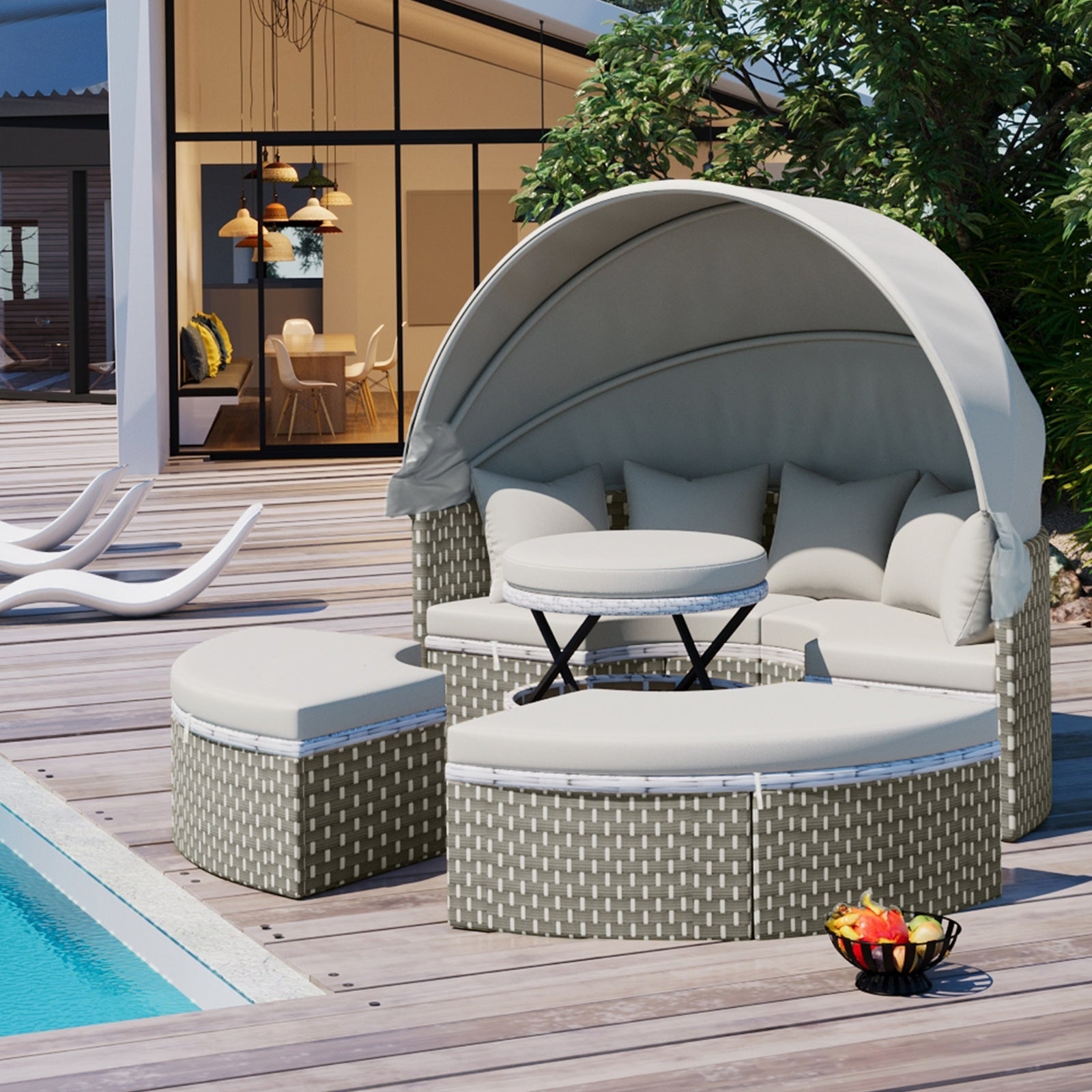 TOPMAX Patio Furniture Round Outdoor Sectional Sofa Set Rattan Daybed Two-Tone Weave Sunbed With Ret - Outdoor Chilling
