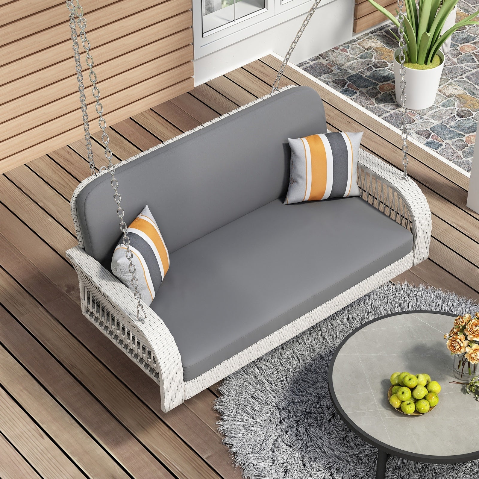 GO PE Wicker Porch Swing, 2-Seater Hanging Bench With Chains, Patio Furniture Swing For - Outdoor Chilling
