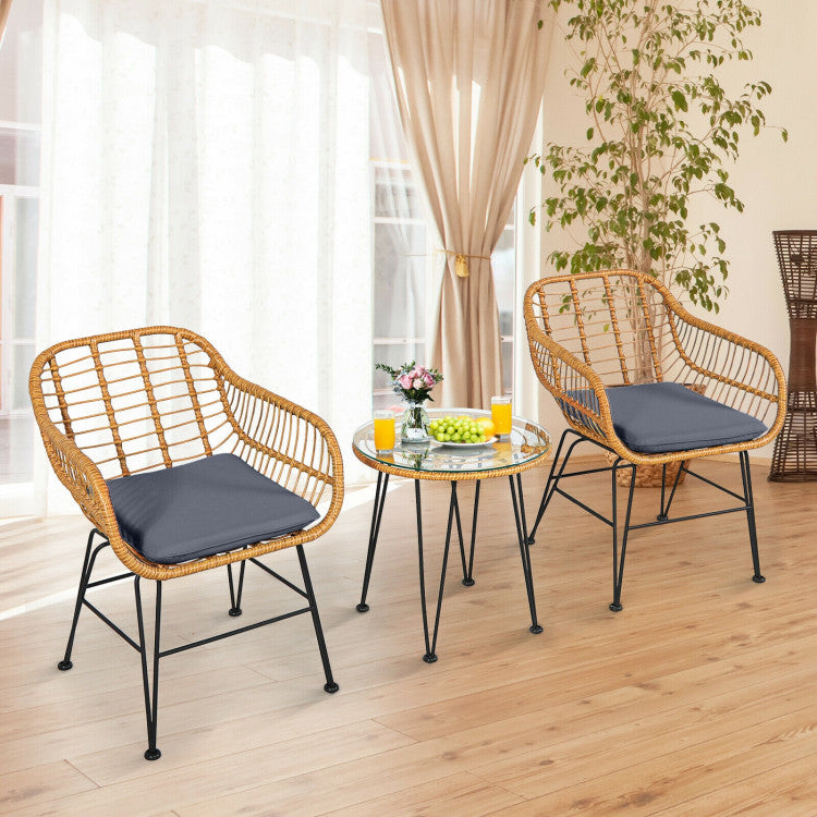 3 Pieces Rattan Furniture Set With Cushioned Chair Table - Outdoor Chilling