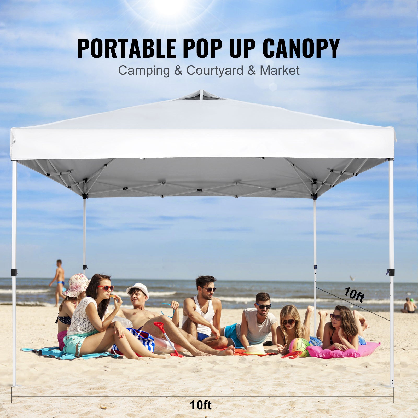 VEVOR Pop Up Canopy Tent, 10 X 10 Ft, 250 D PU Silver Coated Tarp, With Portable Roller Bag And 4 Sandbags, Waterproof And Sun Shelter Gazebo For Outdoor Party, Camping, Commercial Events, White - Outdoor Chilling