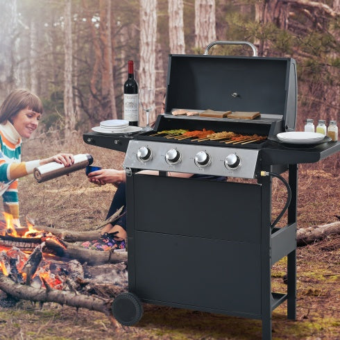 Propane Gas Grill 4 Burner Barbecue Grill, Stainless Steel 34,000 BTU Patio Garden Barbecue Grill With Two Shelves, Lid, Wheels And Bottle Opener - Outdoor Chilling